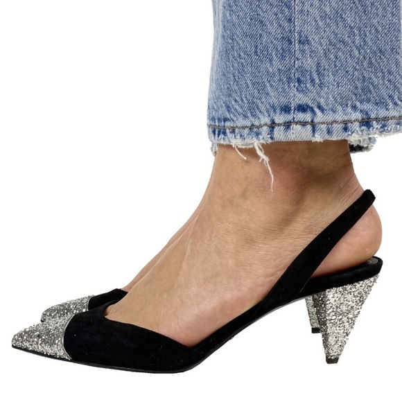New Stella Luna Silver Glitter Cap Toe Sling Back Heels Black Sz 36 - Picture 14 of 14
